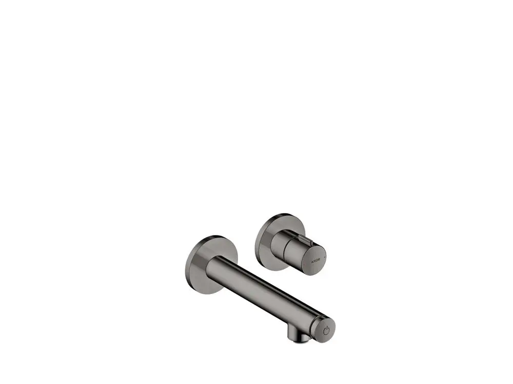 Wall-mounted AXOR Waschtischmischer mit Auslauf und Bedienteil. Ausführung in glänzendem Schwarzchrom, minimalistisches Design ohne sichtbare Verkleidung.